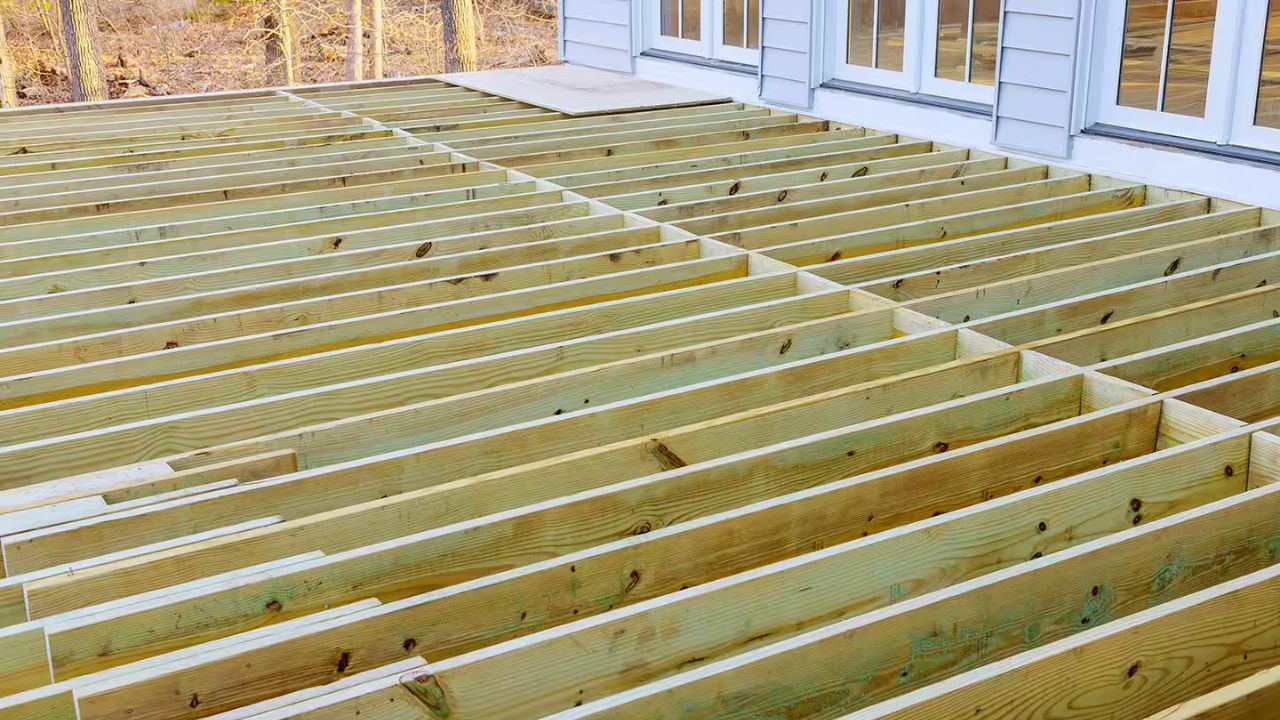 Wooden deck framing in progress, showing evenly spaced joists for a solid foundation. The image demonstrates the precise craftsmanship required for Deck Building and Repair Services.