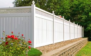 Elegant white vinyl privacy fence with lattice top, showcasing a modern and durable fence installation style in a landscaped backyard.