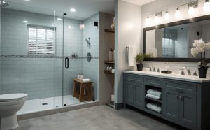 Modern and elegant bathroom showcasing a spacious walk-in shower, double-sink vanity, and stylish lighting, a perfect example of professional Bathroom Remodeling Services.