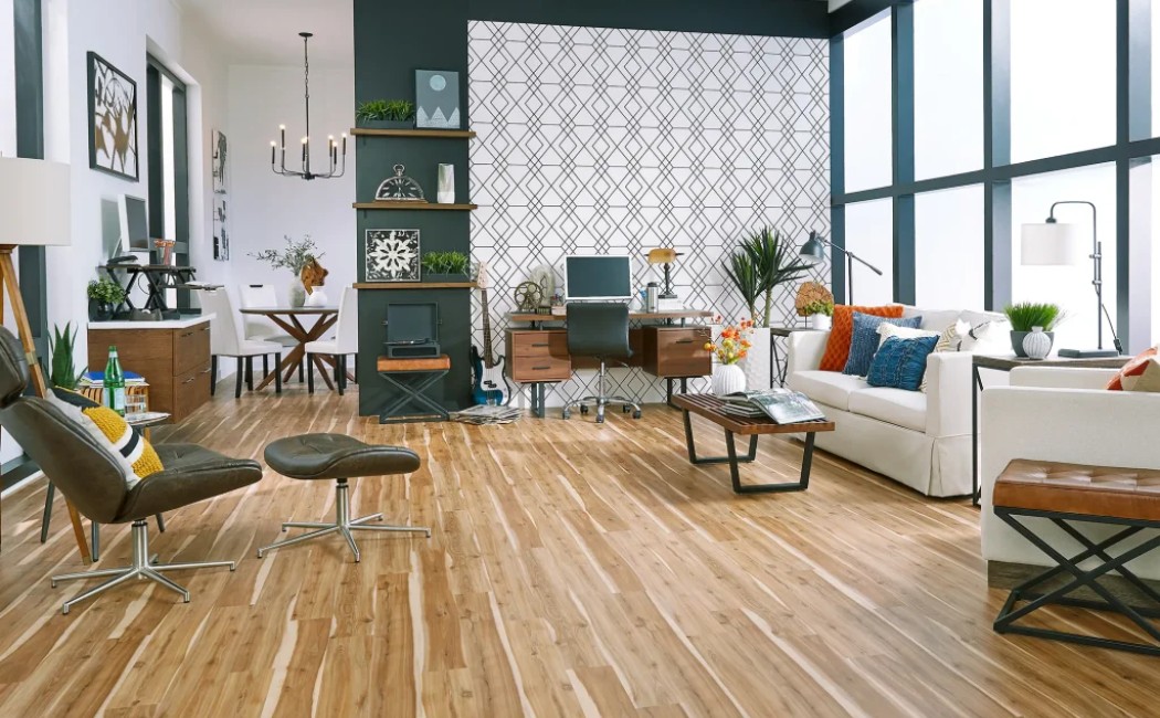 The image shows a modern living room with stylish laminate flooring, showcasing a clean and elegant interior, perfect for a laminate flooring company's portfolio.