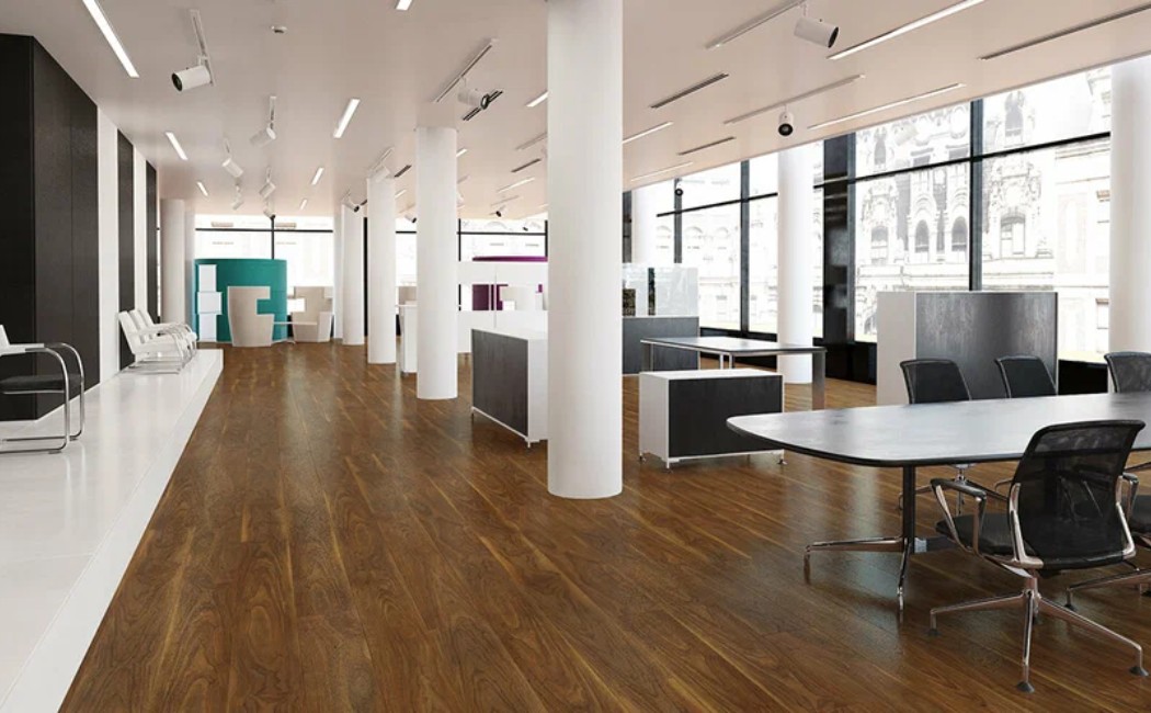 Premium Hardwood Flooring by the Best Flooring Company Modern commercial interior showcasing premium hardwood flooring installed by the Best Flooring Company, delivering a sleek, durable, and professional finish for office spaces.