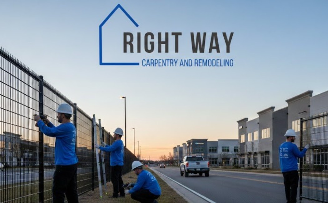 Crew installing a black metal fence along a commercial roadway at sunset, showcasing professional Fence Installation Services by Right Way Carpentry and Remodeling.