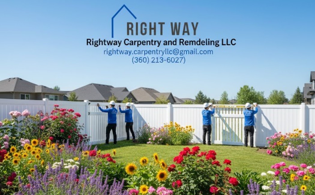 Professional Vinyl Fence Installation by Right Way Carpentry and Remodeling LLC Fence Installation Services by Right Way Carpentry and Remodeling LLC, featuring a team installing a white vinyl fence in a landscaped residential backyard.