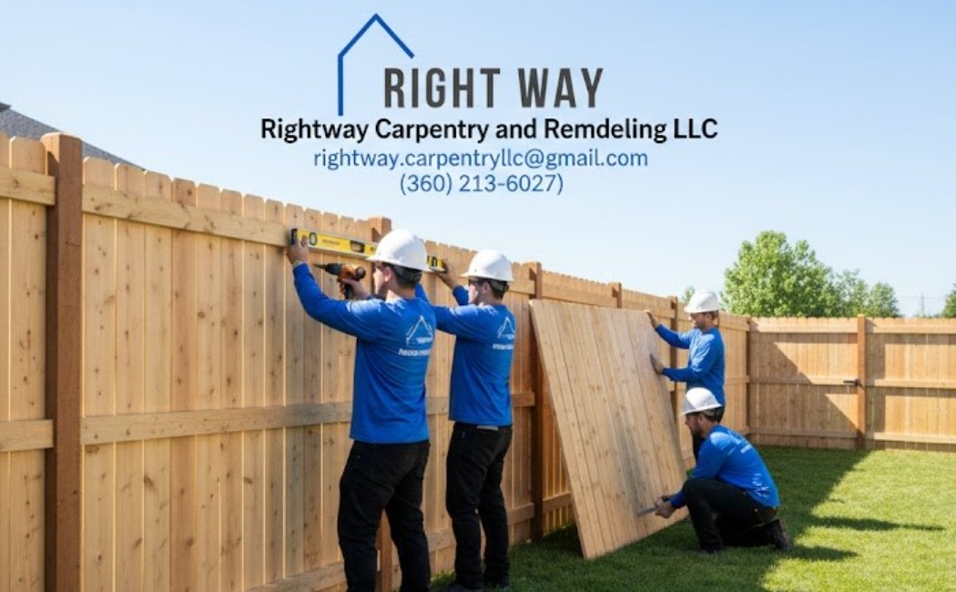 Team installing a wooden privacy fence in a residential backyard, highlighting professional Fence Installation Services by Right Way Carpentry and Remodeling LLC.