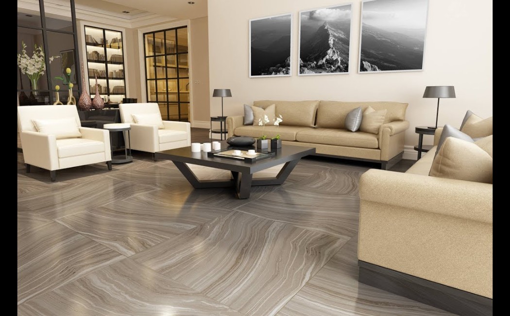 Modern living room with elegant marble-look tiles, showcasing Best Tile Flooring Installation with a sleek coffee table, neutral sofas, and contemporary decor.